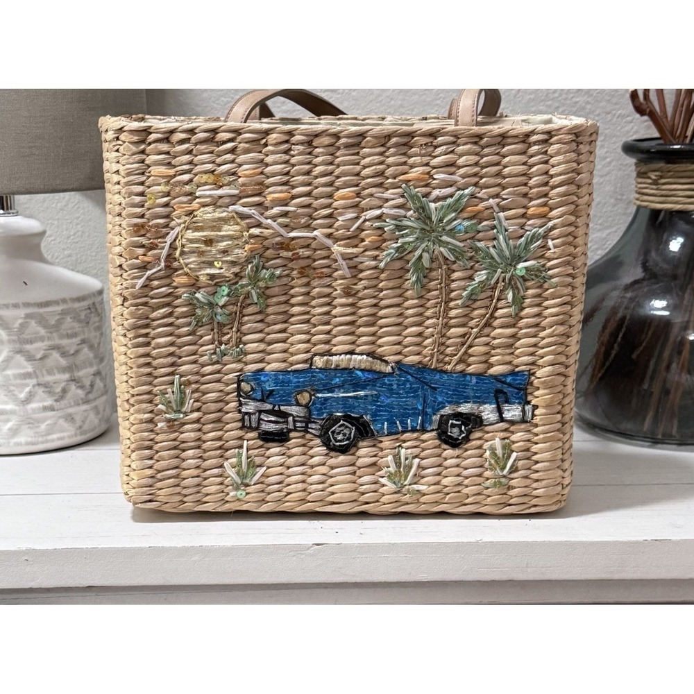 Vintage Cappelli Straworld Purse Sequin Classic Car Straw Beach Retro 2002